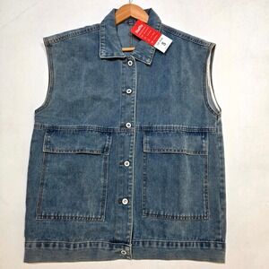 FindThy Denim Vest S Blue Button Up Flap Pocket Sleeveless Utility Streetwear